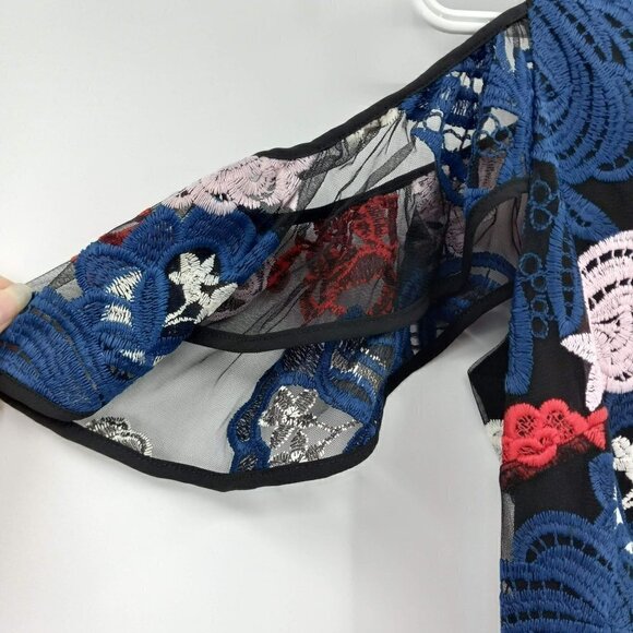 Devlin Kara Floral Embroidered Mini Dress Black Multi Cold Shoulder Boho M - Picture 6 of 10